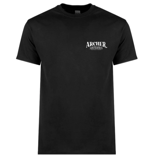 archer-surfboards-tshirt-white-on-black-front